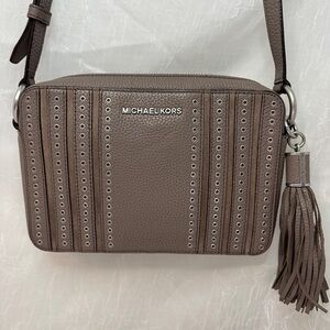 Michael Kors Brooklyn Cinder Taupe Leather Crossbody Bag with Tassel